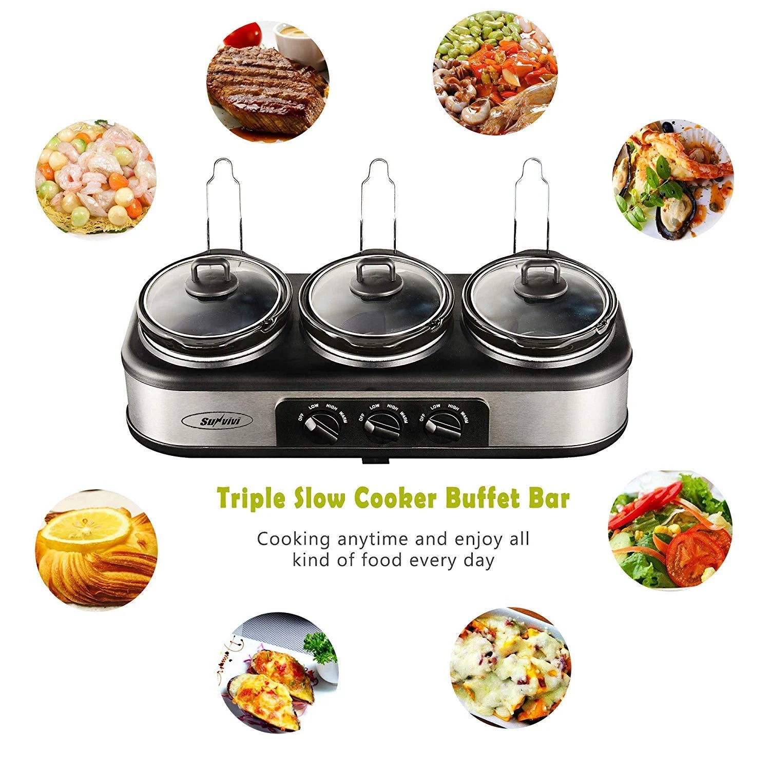 R 3X1.5 Quart 3 Basins Removable Ceramic Pots Food Warmer Stainless Steel Triple Slow Cooker Buffet Serve