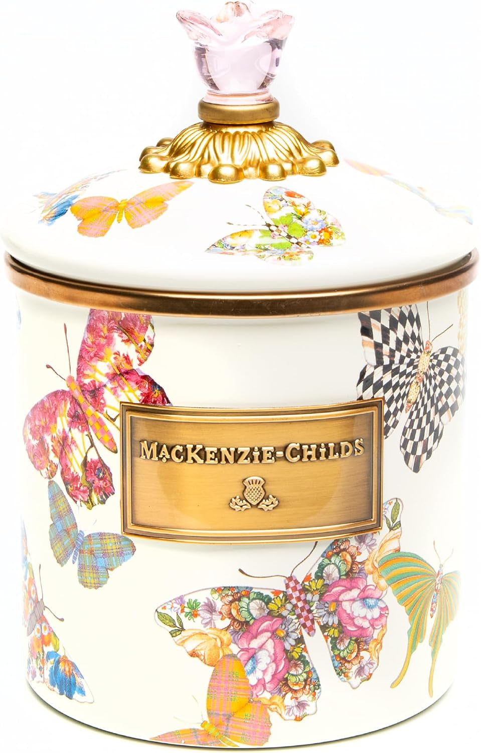 MACKENZIE-CHILDS Enamel Canister, Small, White Butterfly Garden