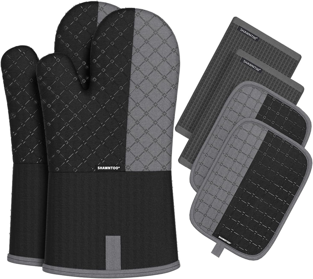Oven Mitts and Pot Holders Sets 6Pcs, Kitchen Oven Glove,High Heat Resistant 550 Degree Extra Long Oven Mitts and Potholders with Non-Slip Silicone Surface for Home Essentials (Grey) (Matte Black)