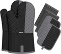 Oven Mitts and Pot Holders Sets 6Pcs, Kitchen Oven Glove,High Heat Resistant 550 Degree Extra Long Oven Mitts and Potholders with Non-Slip Silicone Surface for Home Essentials (Grey) (Matte Black)