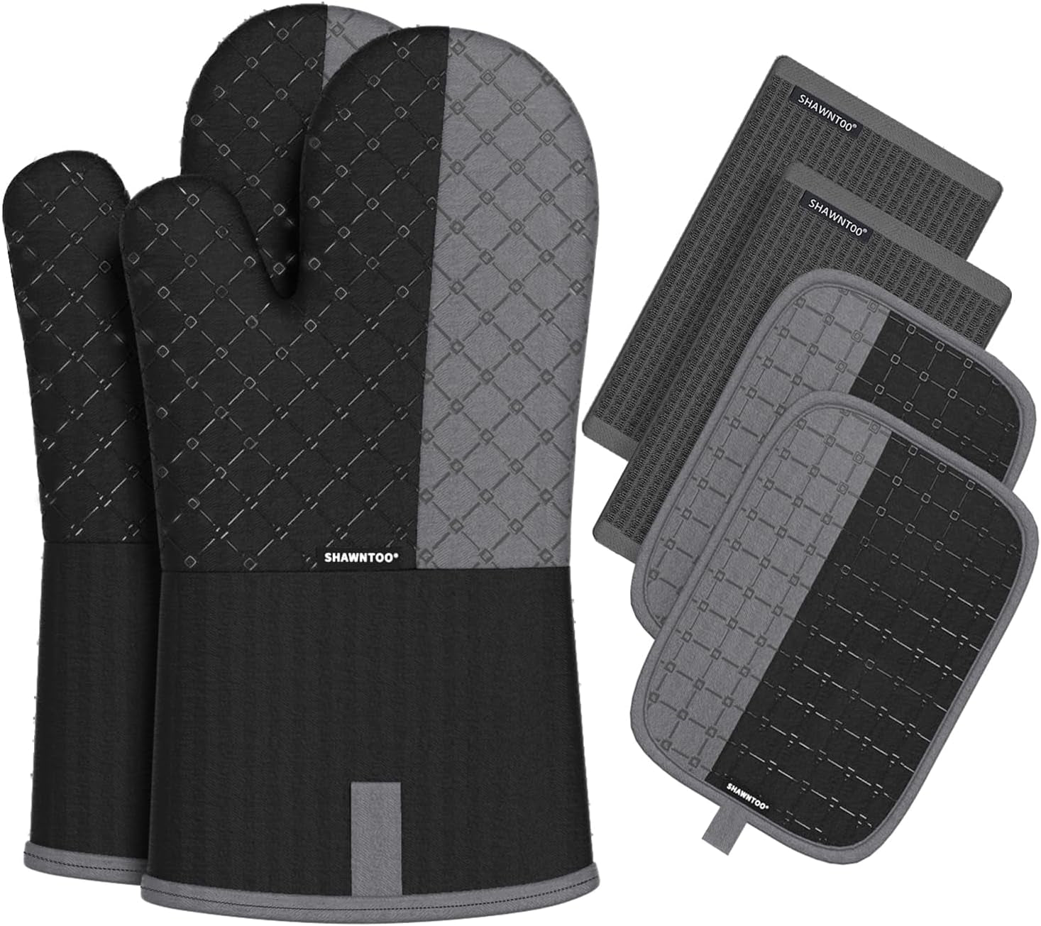 Oven Mitts and Pot Holders Sets 6Pcs, Kitchen Oven Glove,High Heat Resistant 550 Degree Extra Long Oven Mitts and Potholders with Non-Slip Silicone Surface for Home Essentials (Grey) (Matte Black)