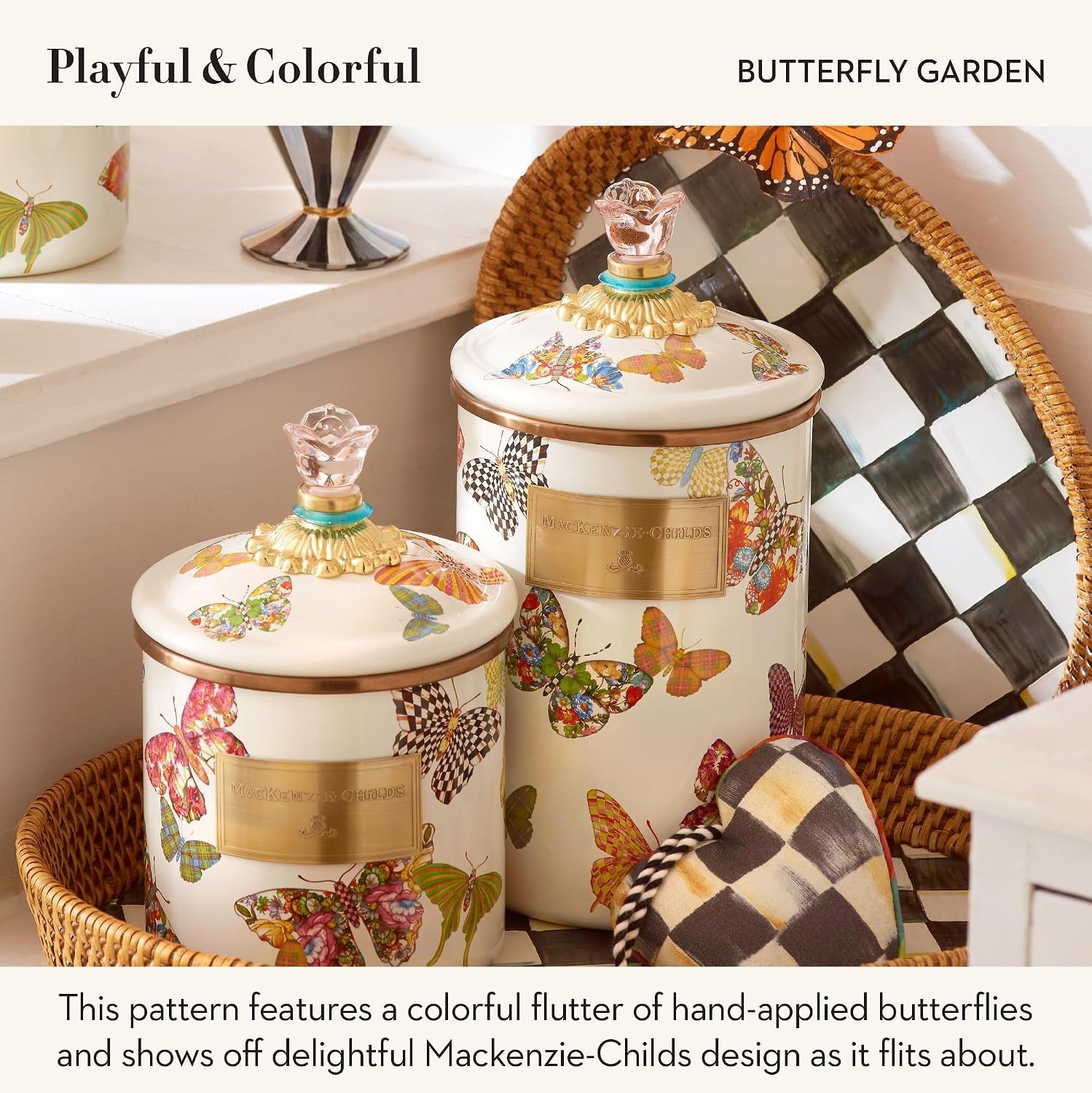 MACKENZIE-CHILDS Enamel Canister, Small, White Butterfly Garden