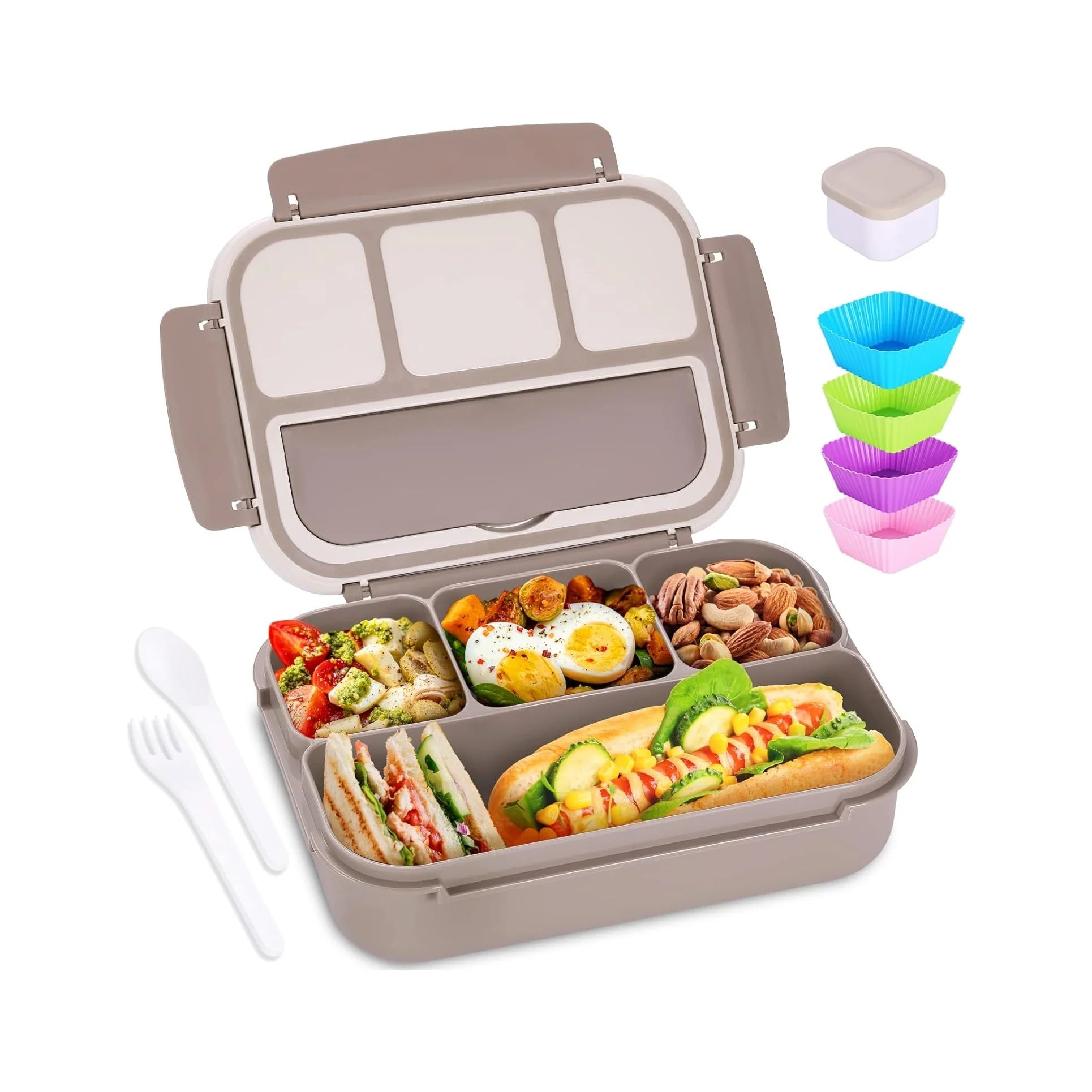 Bento Box Adult Lunch Box, Containers for Adults Men Women with 4 Compartments, Lunchable Food Container with Utensils, Sauce Jar, Muffin Liners, 40 Oz/5 Cup, Microwave & Dishwasher Safe, Brown