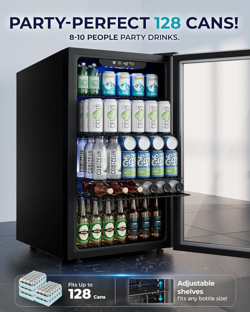 128 Can Mini Fridge, Beverage Refrigerator with Glass Door, Silver