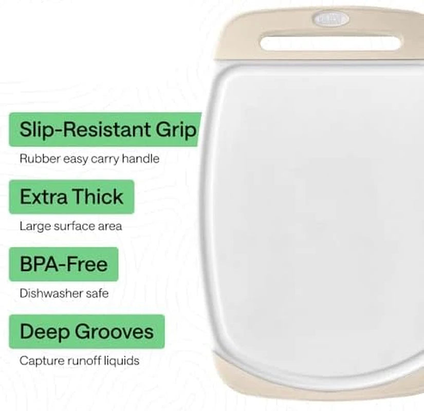 Bpa-Free Reversible Kitchen Cutting Board Set of 3, US Designed, Nonporous, Juice Grooves Catch Liquid, Slip Resistant Border, Dishwasher Safe, Durable Large Food Chopping Boards, Almond