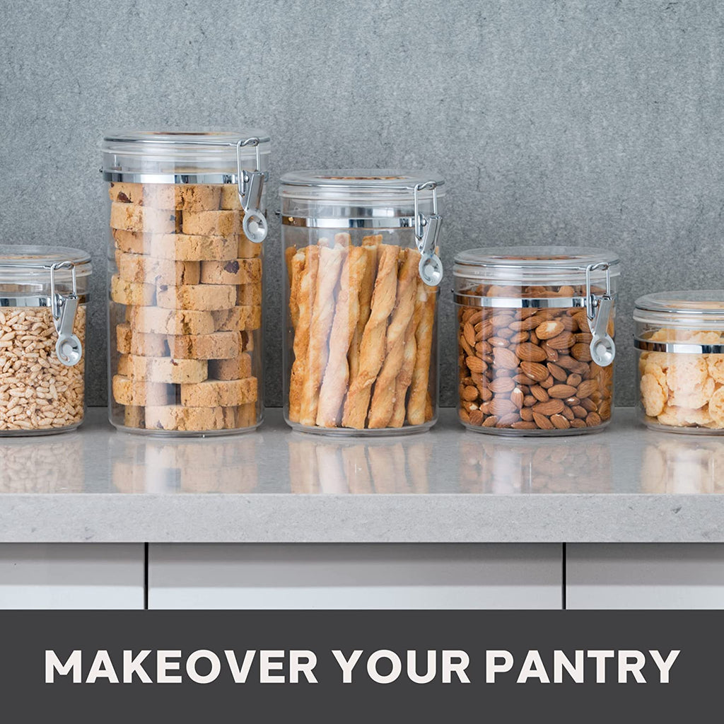 4Pc Clear Canister Set with Clamp Lids Airtight Containers in Sizes Ideal for Kitchen & Pantry Storage of Bulk, Dry Foods Including Flour, Sugar, Coffee, Rice, Tea, Spices & Herbs