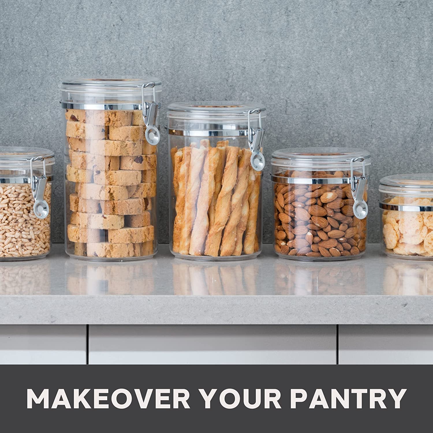 4Pc Clear Canister Set with Clamp Lids Airtight Containers in Sizes Ideal for Kitchen & Pantry Storage of Bulk, Dry Foods Including Flour, Sugar, Coffee, Rice, Tea, Spices & Herbs