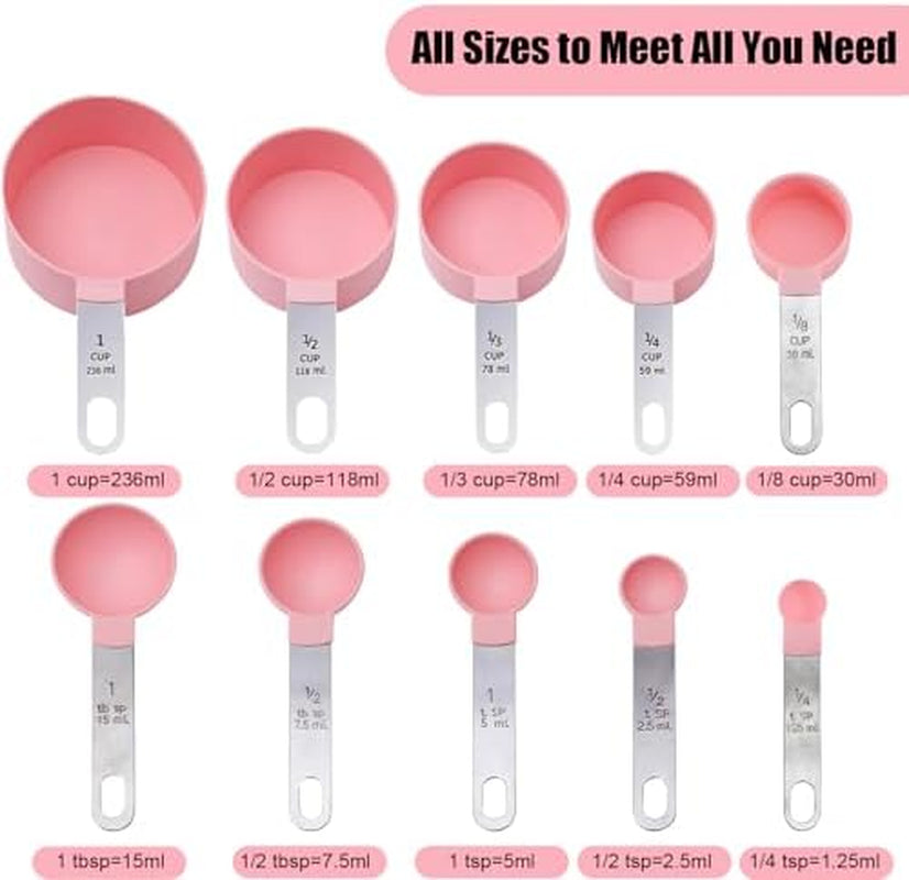 Measuring Cups and Spoons Set, 10-Piece Stackable Kitchen Tools with Stainless Steel Handles, Nesting Measurement Gadgets for Cooking & Baking (Pink)