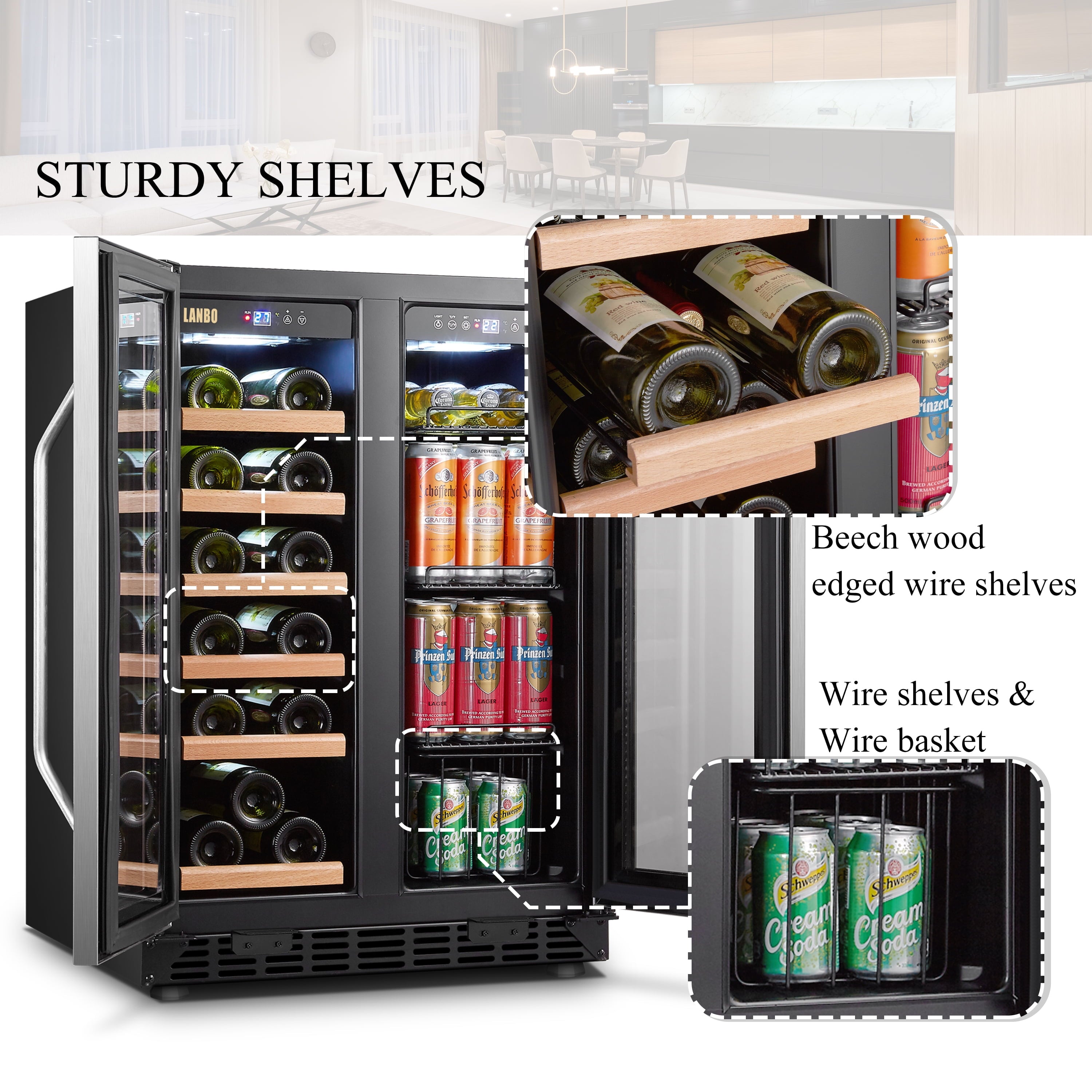 24 Inch 18 Bottle 55 Cans under Counter Dual Zone Wine Cooler Beverage Refrigerator