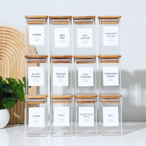 12 Pcs Square Spice Jars with 72 Stickers, Kitchen Pepper Jars for Salt Seasoning, Snacks, Tea, Coffee